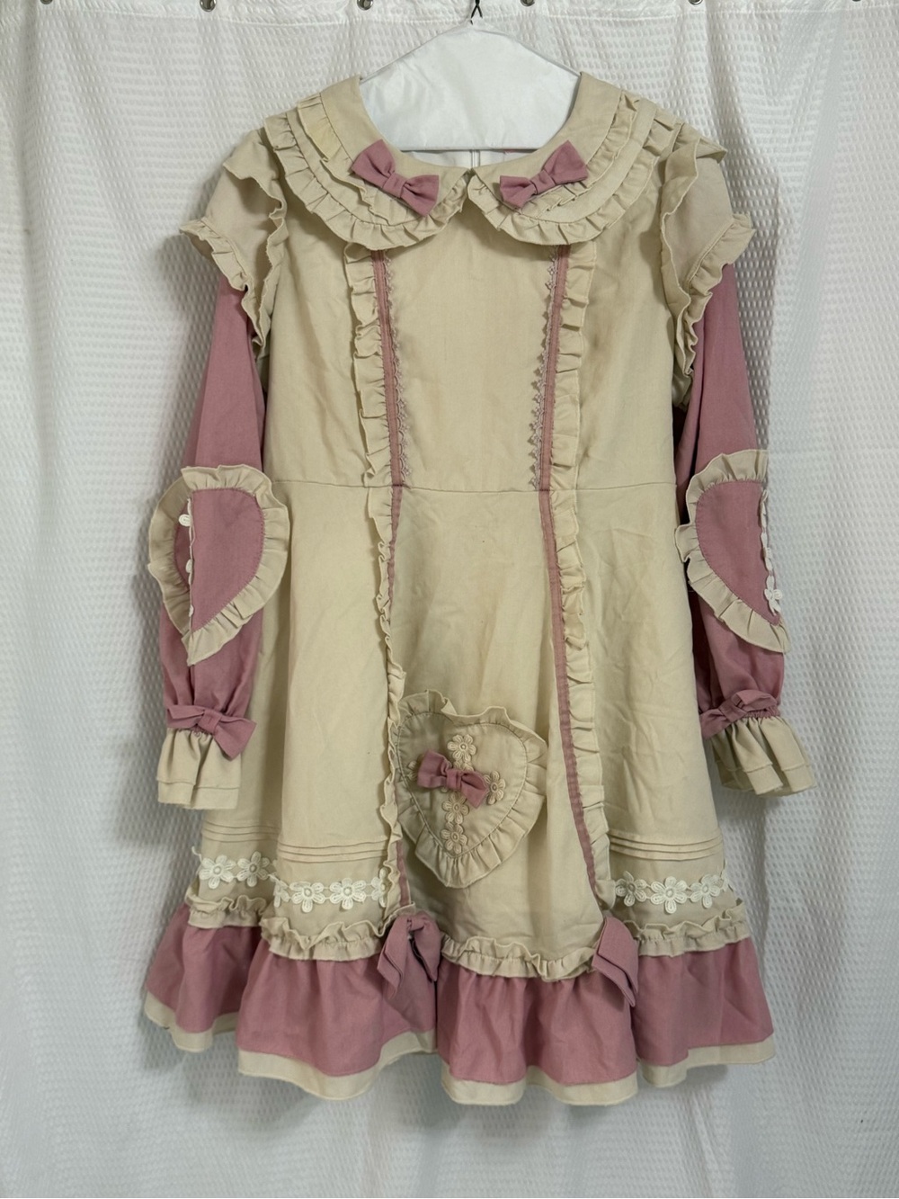 Cream and Mauve Ruffle-Trim Long Sleeve Dress